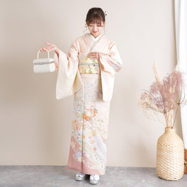 訪問着 着物セット 帯付き 正絹単衣訪問着 レンタルフルセット「総柄刺繍 網代に萩