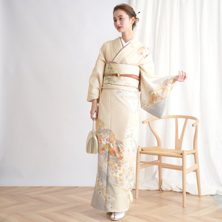 正絹☆誂えクリーム色の着物と作り帯セット レンタル】訪問着 着物セット きもの 正絹 フォーマル 結婚式 卒業式