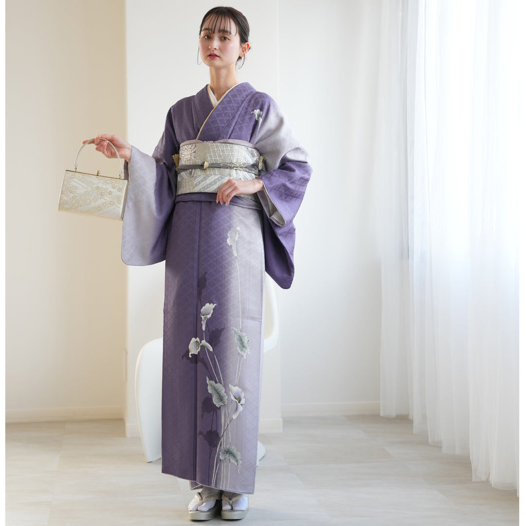 お値下げ 訪問着フルセット 紫灰色 レンタル】訪問着 着物セット きもの フォーマル 結婚式 卒業式 お茶会