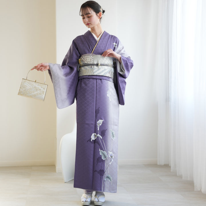 展示品　◇和洋 きものコーデ◇  セット売り　紫×ホワイト　ベルト付き No.1014 【新品/京友禅】紫×白の大人モードで、百合の花柄を華やかで