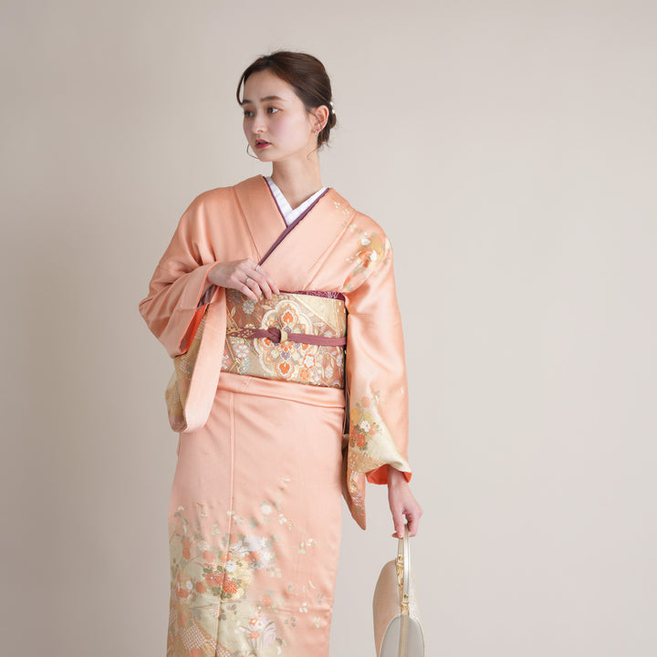 レンタル】 訪問着 20点セット ピンク系 サーモンピンク 鹿の子絞り 菊