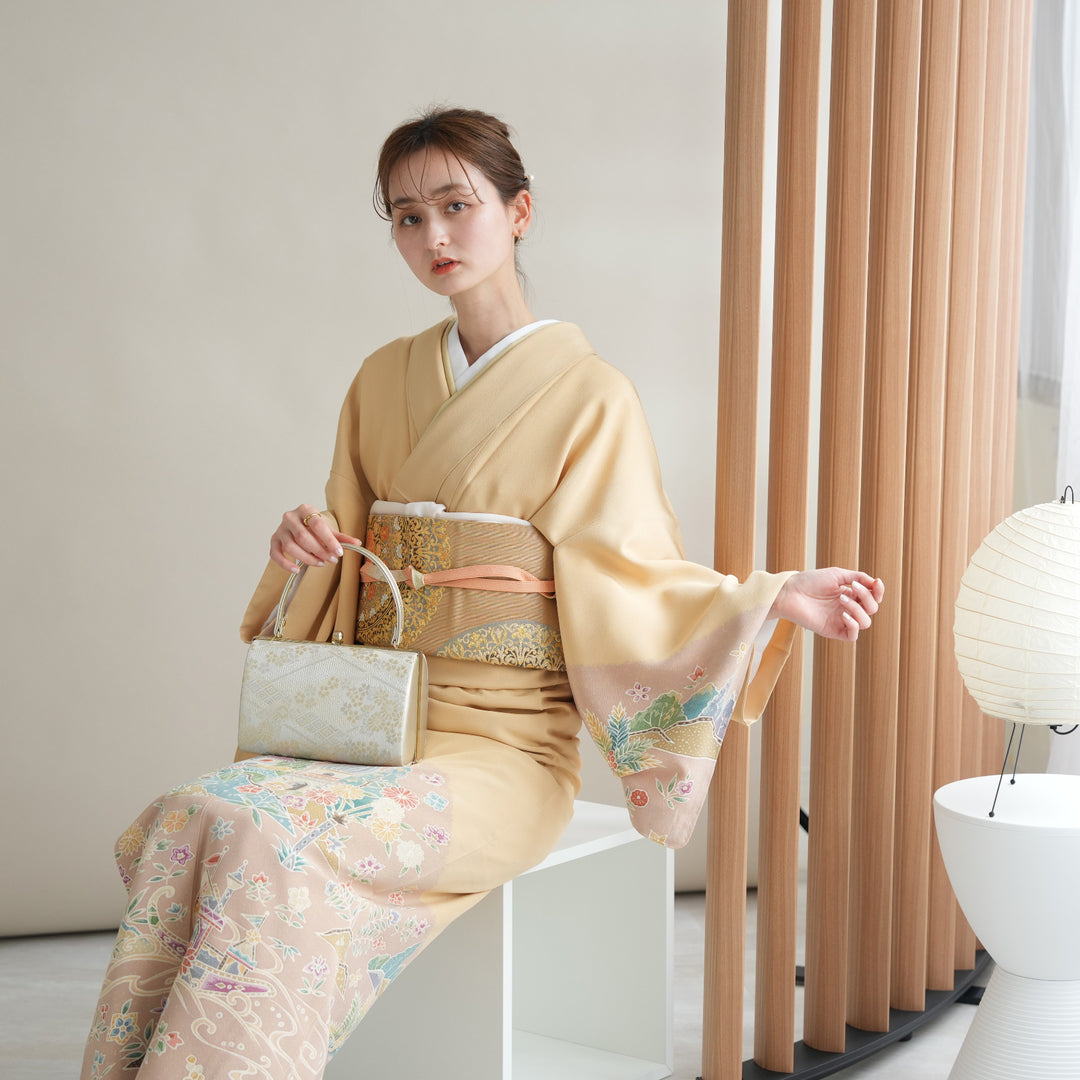 すごい値！訪問着 袷 着物 正絹 黄ベージュ地 ぼかし染 花扇 鬘帯 菊 牡丹 橘 中古 仕立て上がり 身丈160 裄64.5 Ｍ寸 みやがわ nek00635 訪問着：H726 乙葉 黄色 扇に牡丹菊桜| 訪問着レンタル │ 京都着物