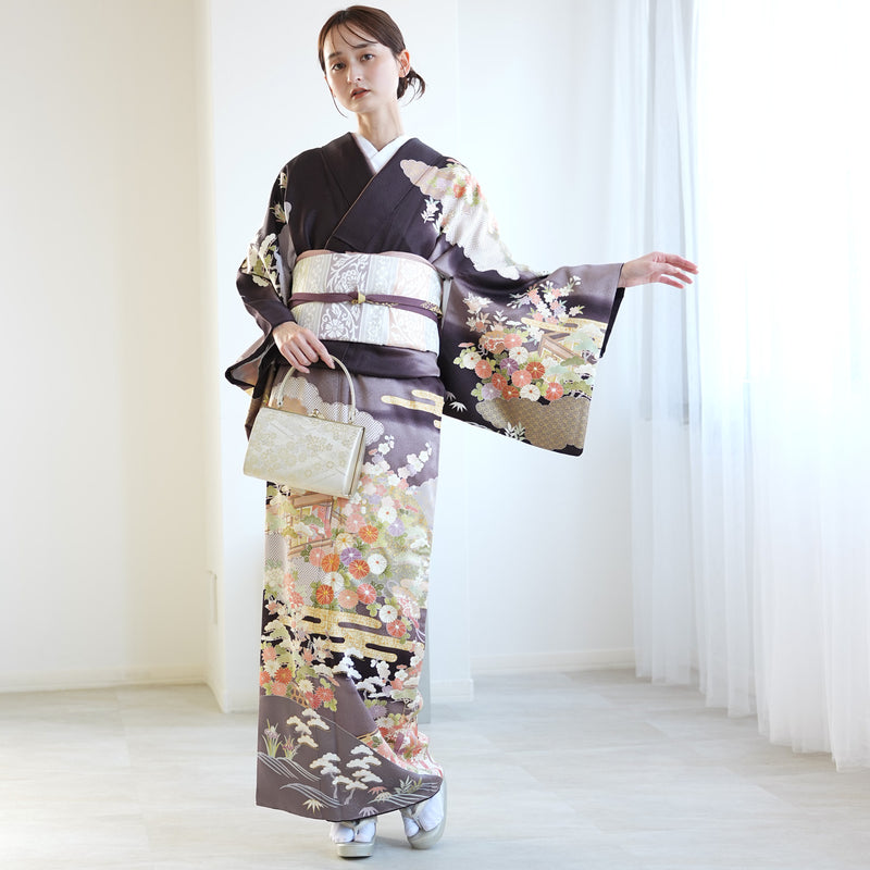 【レンタル】 訪問着 20点セット 墨黒系 西陣織帯 丹後ちりめん 金彩雲取 菊 梅 松 入学式  お宮参り （1040610100）