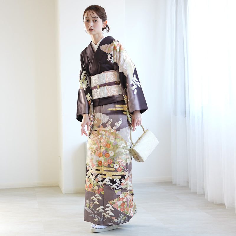 【レンタル】 訪問着 20点セット 墨黒系 西陣織帯 丹後ちりめん 金彩雲取 菊 梅 松 入学式  お宮参り （1040610100）