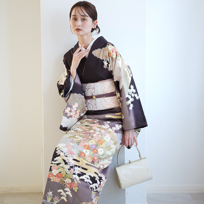 【レンタル】 訪問着 20点セット 墨黒系 西陣織帯 丹後ちりめん 金彩雲取 菊 梅 松 入学式  お宮参り （1040610100）