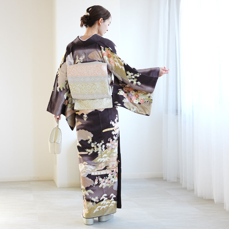 【レンタル】 訪問着 20点セット 墨黒系 西陣織帯 丹後ちりめん 金彩雲取 菊 梅 松 入学式  お宮参り （1040610100）