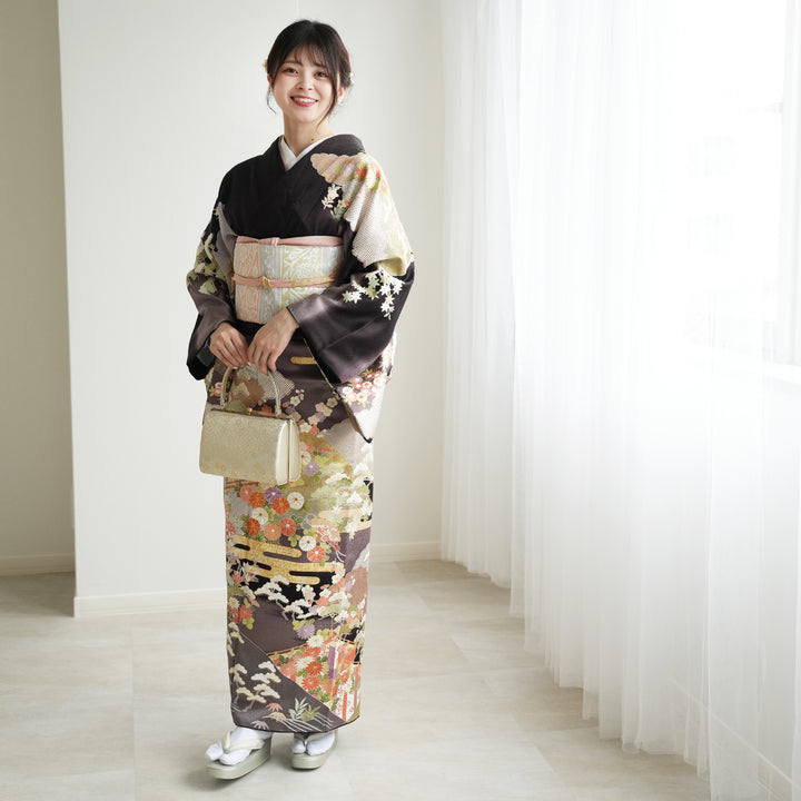 訪問着 金彩 松竹梅 千鳥 波 家屋 萩 グリーン ちりめん 着物 121a d | つむぎ、つむぐ。リユース着物ショップ