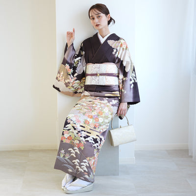 【レンタル】 訪問着 20点セット 墨黒系 西陣織帯 丹後ちりめん 金彩雲取 菊 梅 松 入学式  お宮参り （1040610100）