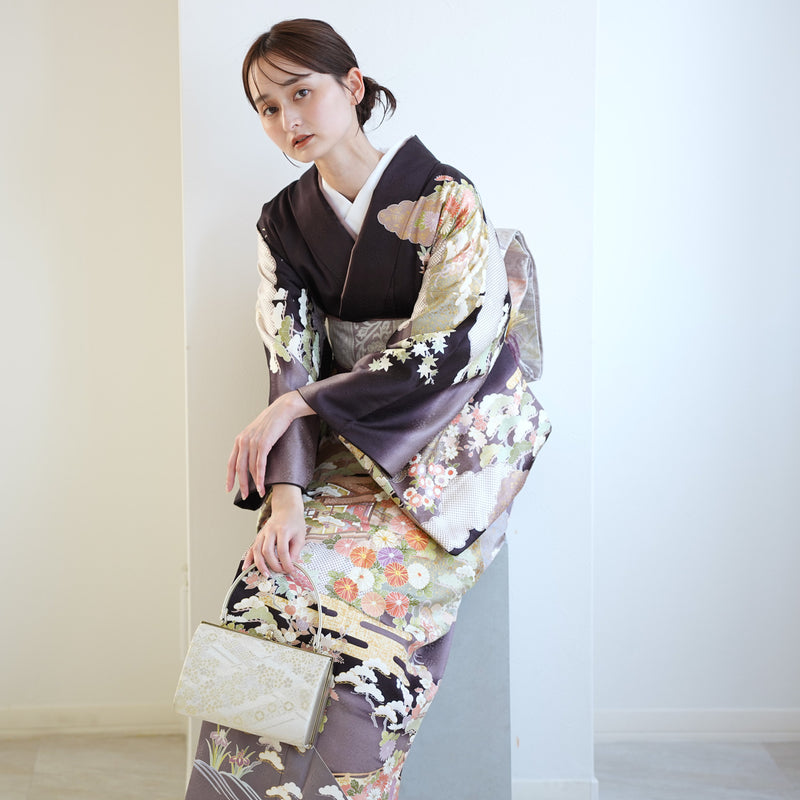 【レンタル】 訪問着 20点セット 墨黒系 西陣織帯 丹後ちりめん 金彩雲取 菊 梅 松 入学式  お宮参り （1040610100）