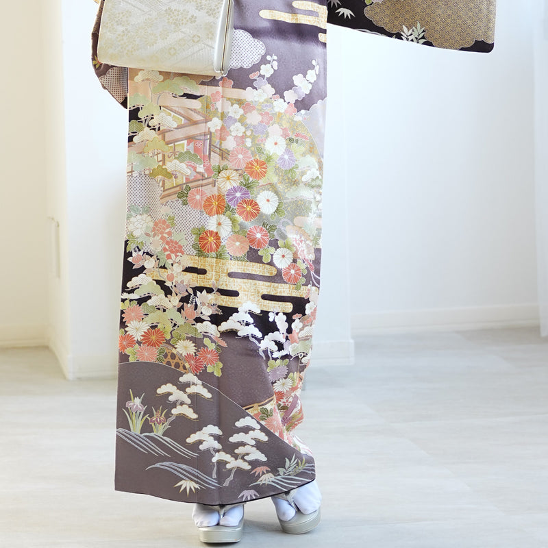 【レンタル】 訪問着 20点セット 墨黒系 西陣織帯 丹後ちりめん 金彩雲取 菊 梅 松 入学式  お宮参り （1040610100）