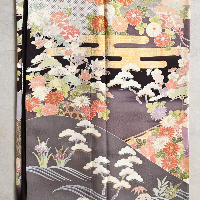 【レンタル】 訪問着 20点セット 墨黒系 西陣織帯 丹後ちりめん 金彩雲取 菊 梅 松 入学式  お宮参り （1040610100）