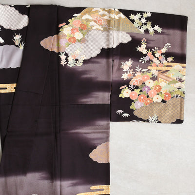 【レンタル】 訪問着 20点セット 墨黒系 西陣織帯 丹後ちりめん 金彩雲取 菊 梅 松 入学式  お宮参り （1040610100）