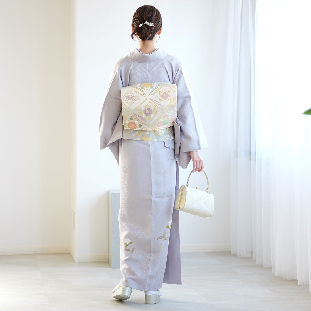 レンタル】 訪問着 20点セット 藤色系 ラベンダー 西陣織帯 ツツジ 花