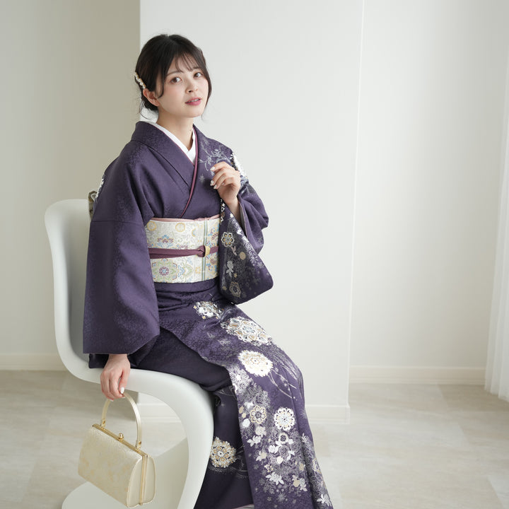 レンタル】 訪問着 20点セット 濃紫系 西陣織帯 金彩 辻が花 レンタル】 訪問着 20点セット 濃紫系 西陣織帯 金彩 辻が花
