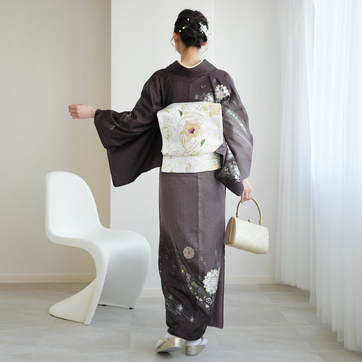 レンタル】 訪問着 20点セット 黒茶系 西陣織帯 金彩 辻が花