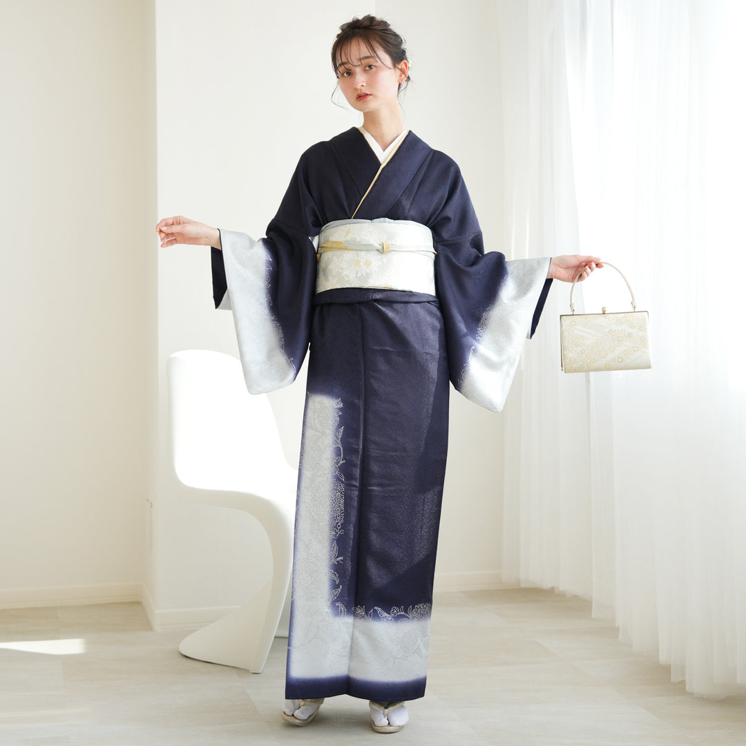 レンタル】 訪問着 20点セット 濃紫系 西陣織帯 銀彩 花 ぼかし 入学式