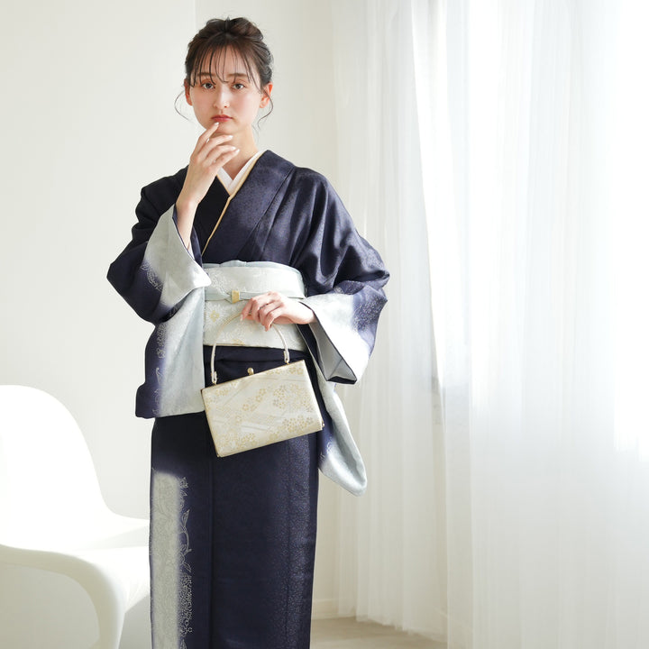 高級　西陣　手織り　お宮参り用　紺色　着物　白内着セット　着丈100cm レンタル】 訪問着 20点セット 濃紫系 西陣織帯 銀彩 花 ぼかし 入学式