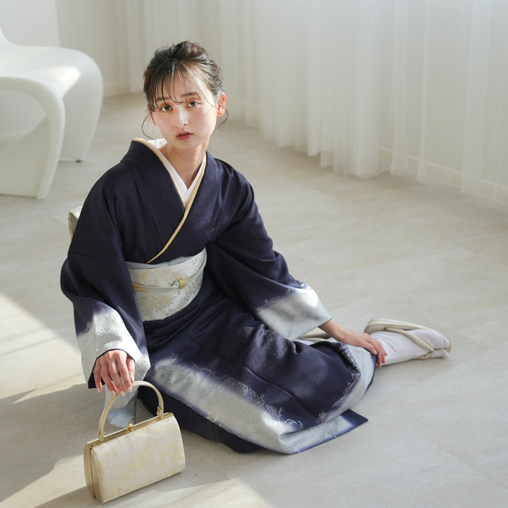 高級　西陣　手織り　お宮参り用　紺色　着物　白内着セット　着丈100cm レンタル】 訪問着 20点セット 濃紫系 西陣織帯 銀彩 花 ぼかし 入学式