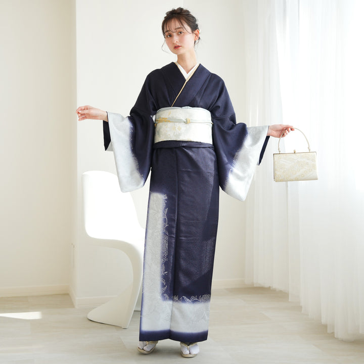 高級　西陣　手織り　お宮参り用　紺色　着物　白内着セット　着丈100cm レンタル】 訪問着 20点セット 濃紫系 西陣織帯 銀彩 花 ぼかし 入学式