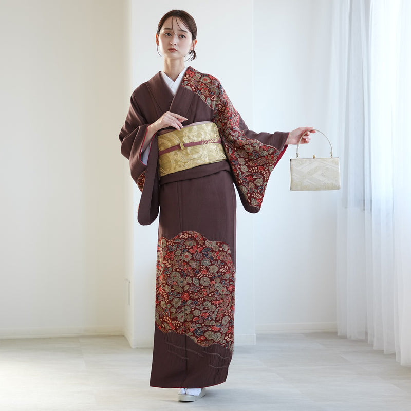 【レンタル】 訪問着 20点セット 正絹 絵羽 茶 えんじ 花 辻が花模様 絞り 入学式 卒業式 結婚式 お宮参り （1040612100）※2025年11月予約空き無し