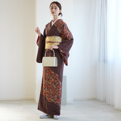 【レンタル】 訪問着 20点セット 正絹 絵羽 茶 えんじ 花 辻が花模様 絞り 入学式 卒業式 結婚式 お宮参り （1040612100）※2025年11月予約空き無し