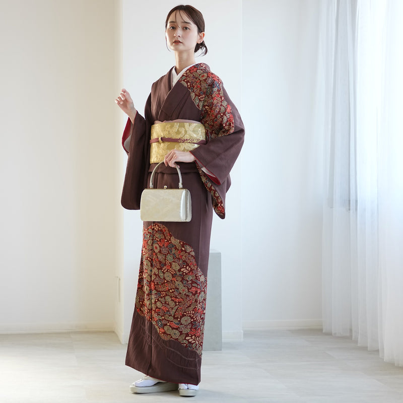 【レンタル】 訪問着 20点セット 正絹 絵羽 茶 えんじ 花 辻が花模様 絞り 入学式 卒業式 結婚式 お宮参り （1040612100）※2025年11月予約空き無し