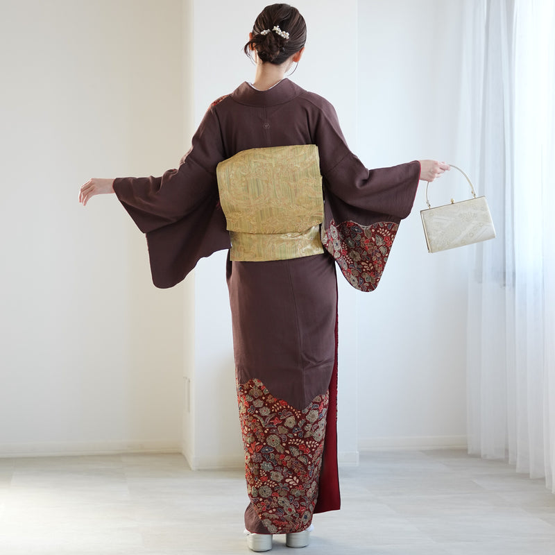 【レンタル】 訪問着 20点セット 正絹 絵羽 茶 えんじ 花 辻が花模様 絞り 入学式 卒業式 結婚式 お宮参り （1040612100）※2025年11月予約空き無し