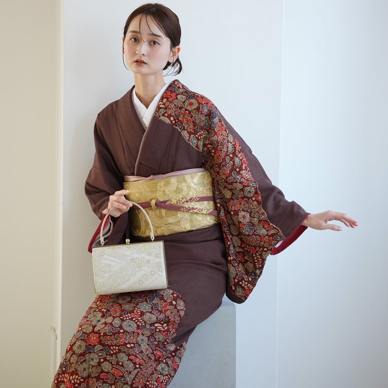 【レンタル】 訪問着 20点セット 正絹 絵羽 茶 えんじ 花 辻が花模様 絞り 入学式 卒業式 結婚式 お宮参り （1040612100）※2025年11月予約空き無し