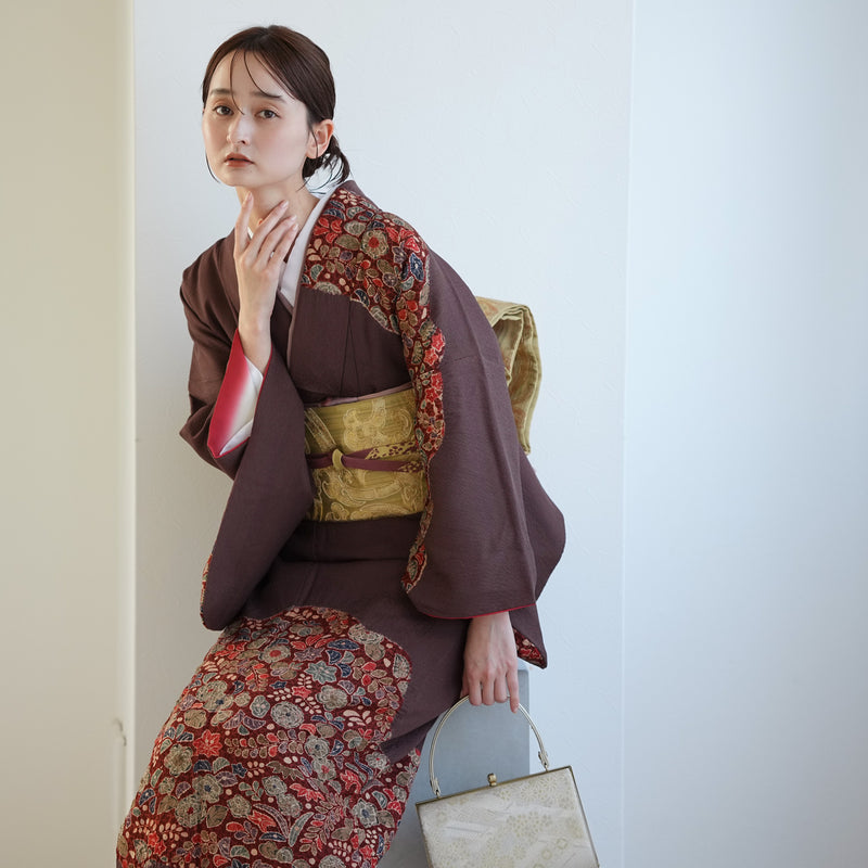 【レンタル】 訪問着 20点セット 正絹 絵羽 茶 えんじ 花 辻が花模様 絞り 入学式 卒業式 結婚式 お宮参り （1040612100）※2025年11月予約空き無し