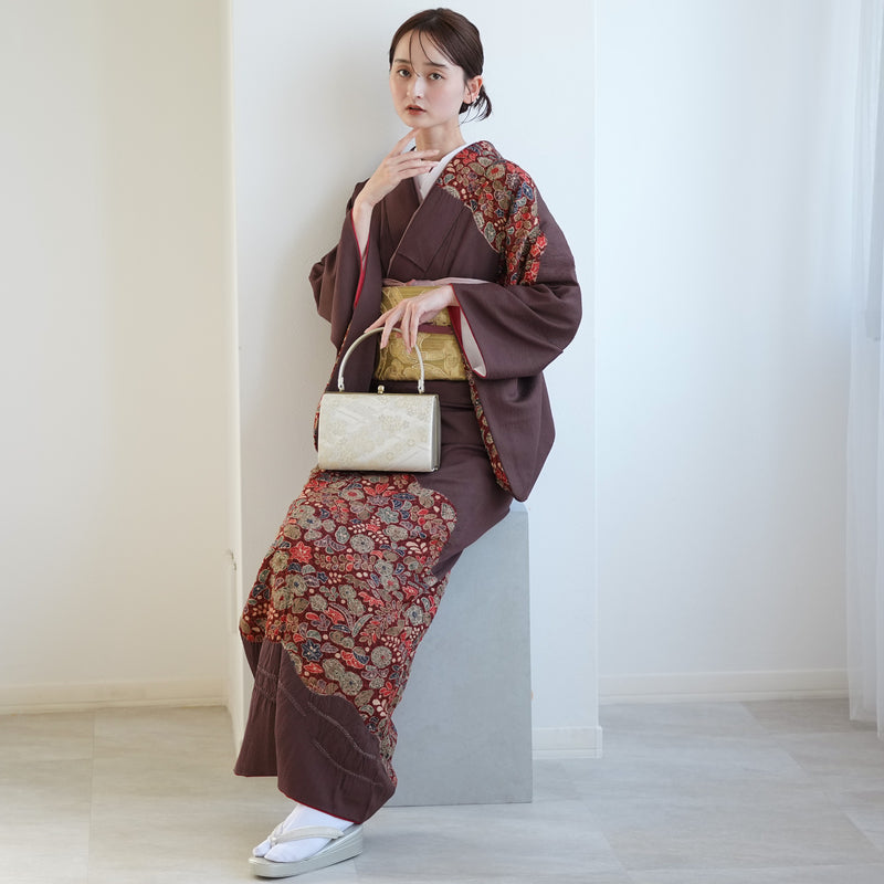 【レンタル】 訪問着 20点セット 正絹 絵羽 茶 えんじ 花 辻が花模様 絞り 入学式 卒業式 結婚式 お宮参り （1040612100）※2025年11月予約空き無し