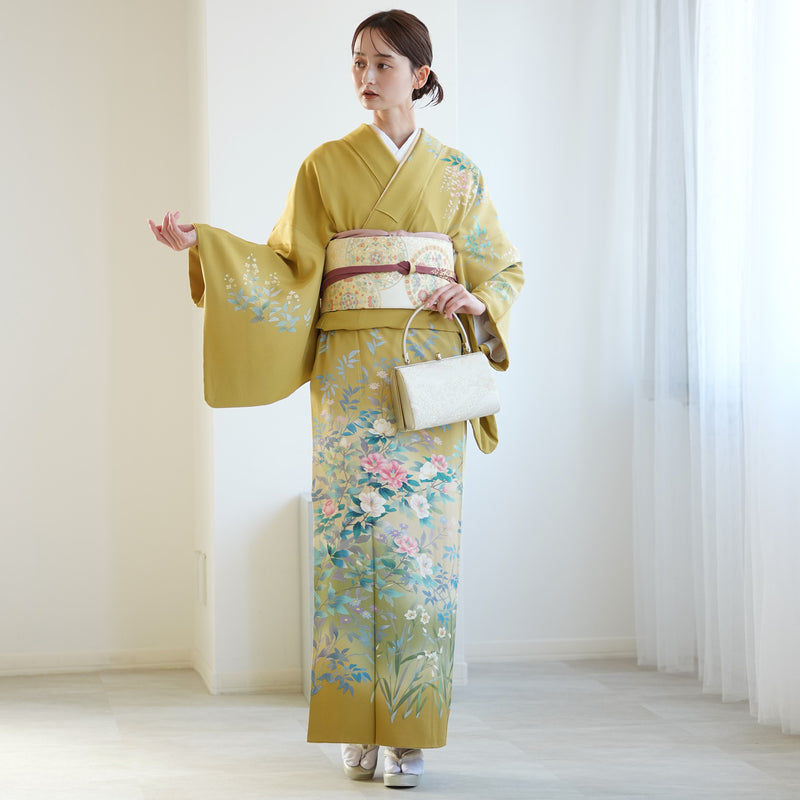 【レンタル】 訪問着 20点セット 正絹 絵羽 からし 黄色 緑 小花 入学式 卒業式 結婚式 お宮参り （1040612200）