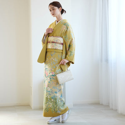 【レンタル】 訪問着 20点セット 正絹 絵羽 からし 黄色 緑 小花 入学式 卒業式 結婚式 お宮参り （1040612200）