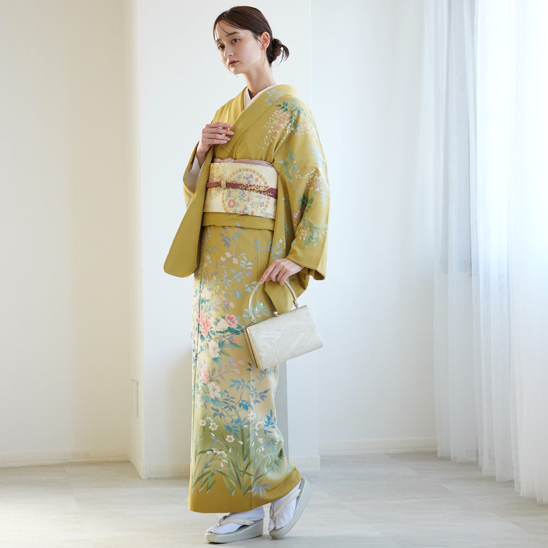 【レンタル】 訪問着 20点セット 正絹 絵羽 からし 黄色 緑 小花 入学式 卒業式 結婚式 お宮参り （1040612200）