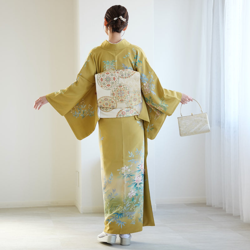 【レンタル】 訪問着 20点セット 正絹 絵羽 からし 黄色 緑 小花 入学式 卒業式 結婚式 お宮参り （1040612200）