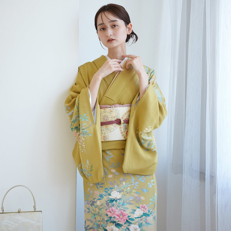 【レンタル】 訪問着 20点セット 正絹 絵羽 からし 黄色 緑 小花 入学式 卒業式 結婚式 お宮参り （1040612200）