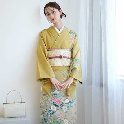 【レンタル】 訪問着 20点セット 正絹 絵羽 からし 黄色 緑 小花 入学式 卒業式 結婚式 お宮参り （1040612200）