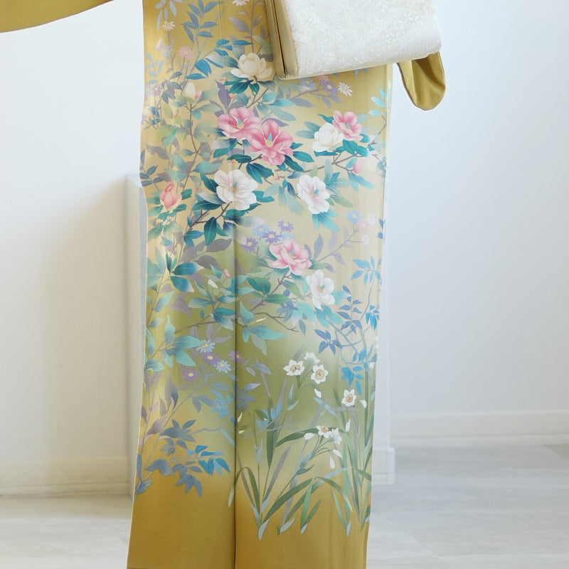 【レンタル】 訪問着 20点セット 正絹 絵羽 からし 黄色 緑 小花 入学式 卒業式 結婚式 お宮参り （1040612200）