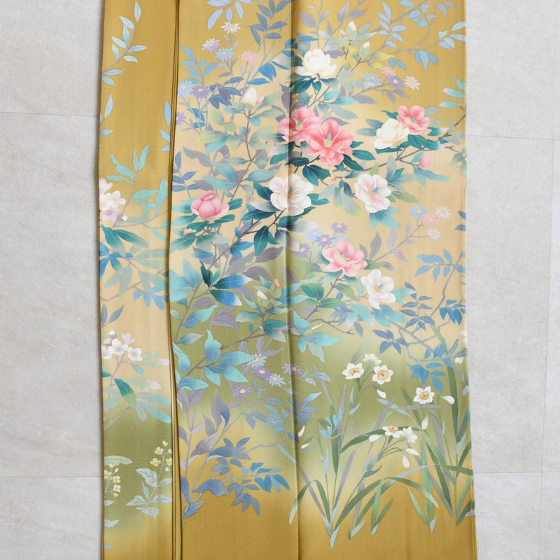 【レンタル】 訪問着 20点セット 正絹 絵羽 からし 黄色 緑 小花 入学式 卒業式 結婚式 お宮参り （1040612200）