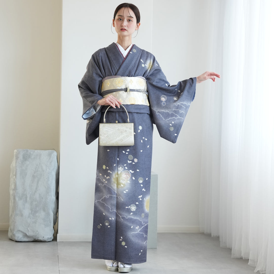 レンタル】 訪問着 20点セット 正絹 絵羽 グレー 汕頭刺繍 丹後