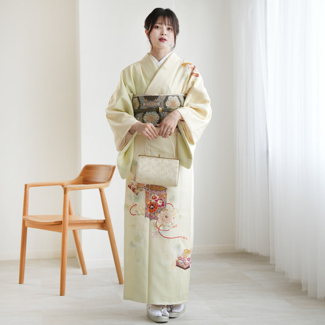 未着用 作家もの 染大島紬 扇 牡丹 菊花 付け下げ 着物 023a p