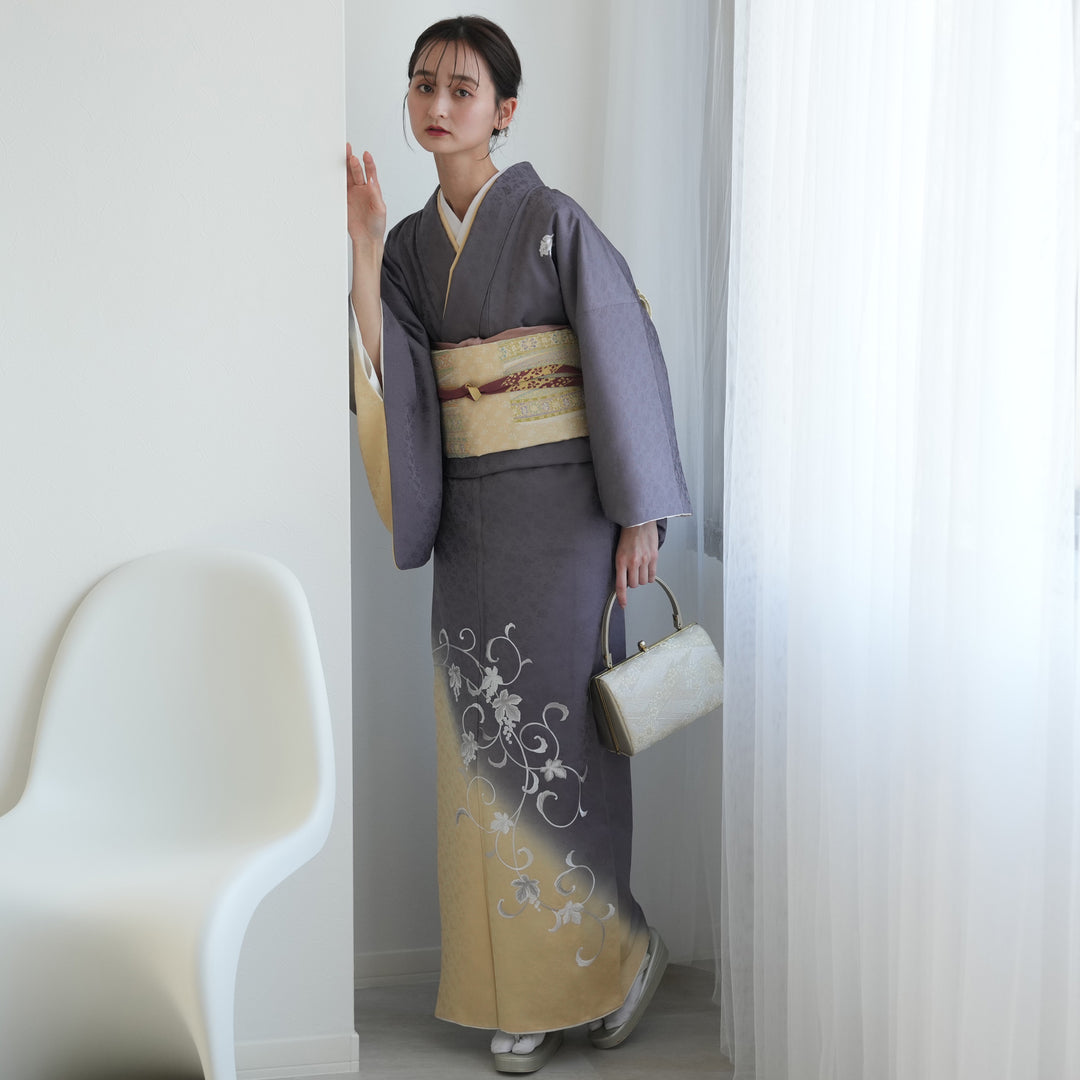 専用美品スワトウ刺繍訪問着4点フルセット、着物、袋帯、帯締め、帯揚げ レンタル】 訪問着 20点セット 灰紫とイエローベージュのぼかしに