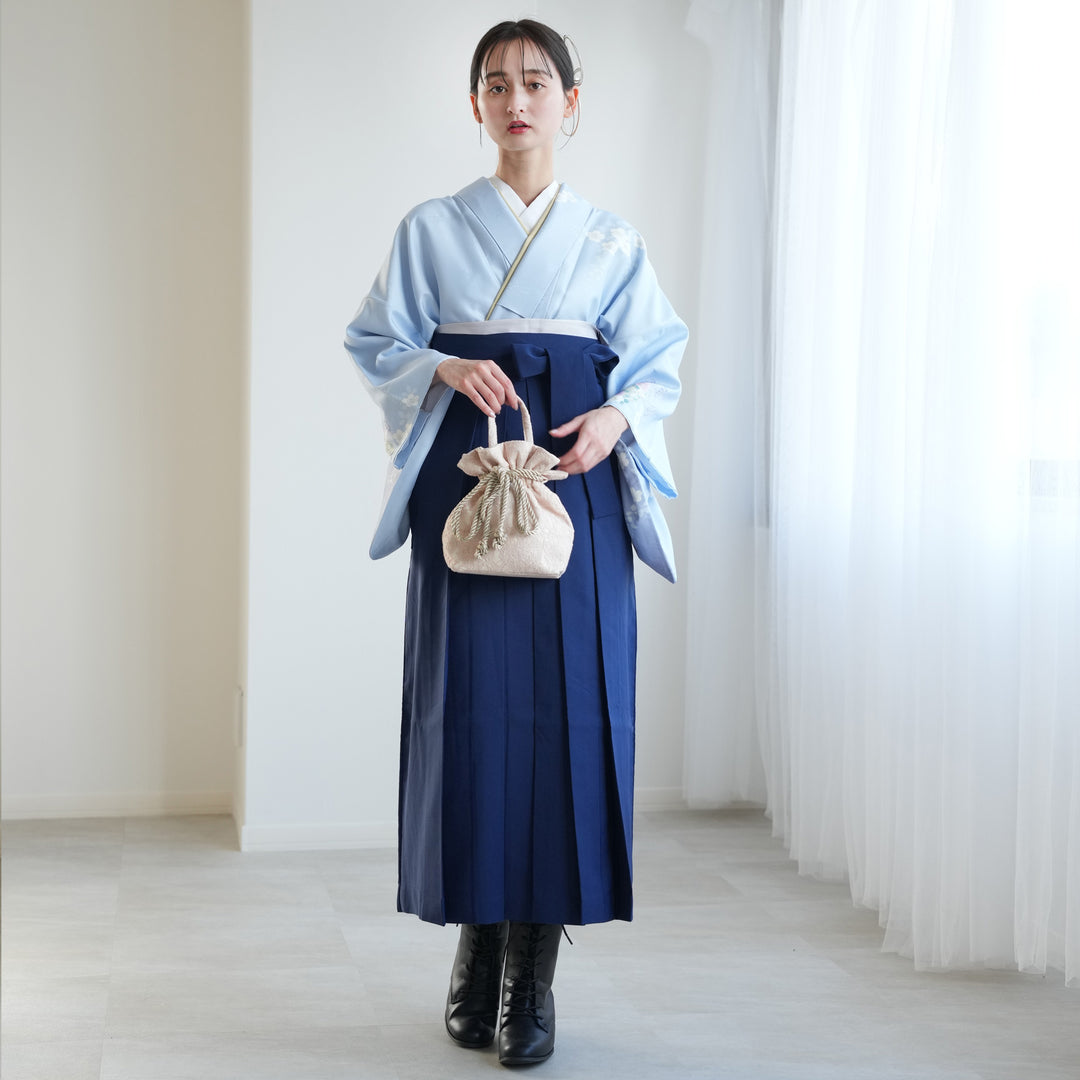 レンタル】 袴 18点セット 淡い水色に椿と桜 訪問着 袴91cm