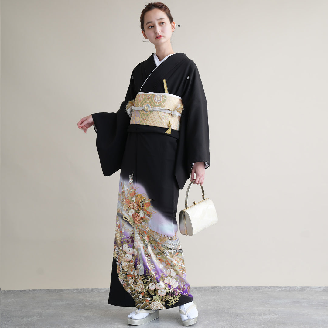専用 ご予約 振袖 桂由美 関芳 牡丹 鶴 黒 銀 袋帯
