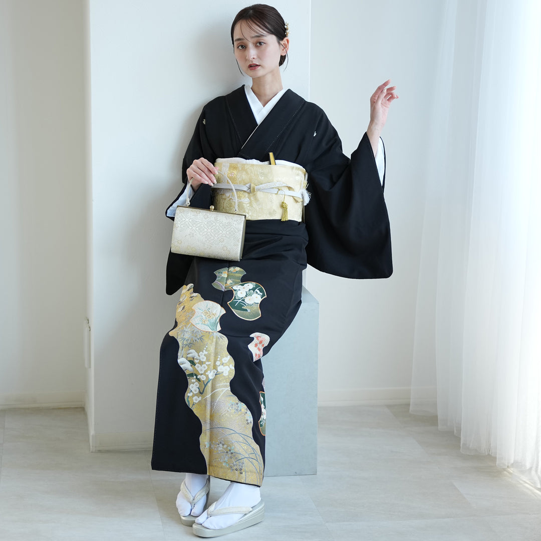 黒留袖　フルセット　着物　正絹　結婚式　しつけ付き　Lサイズ　化繊　N3 黒留袖 フルセット 着物 正絹 結婚式 第一礼装 金駒刺繍 L 鶴 N3