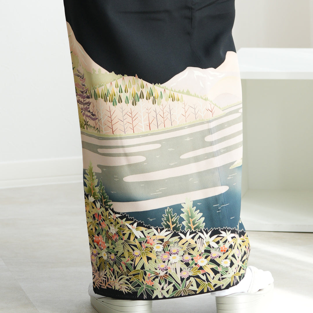 作家物　ゆったり3Lの縁起の良い合わせ貝と 四季の花々の美しい黒留袖フルセット 正絹黒留袖レンタルフルセット「加賀友禅 四季の花々」 | すべて