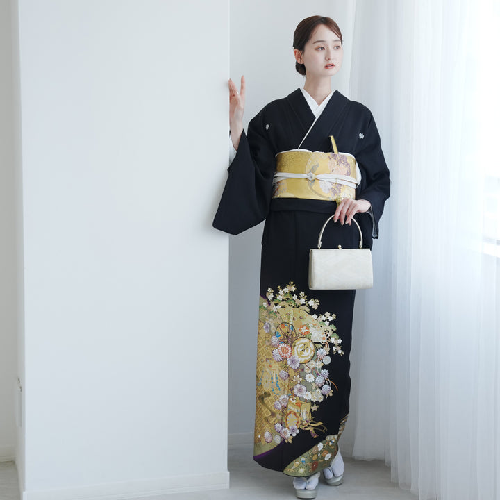 「縁」156ｃｍ～163ｃｍ 結婚式 金彩染 黒留袖 正絹 Ｌ１７７ 黒留袖|Mｻｲｽﾞ|金箔|対応身長:153~165cm|ｻｲｽﾞ:7~13号|#MT-020｜全国宅配