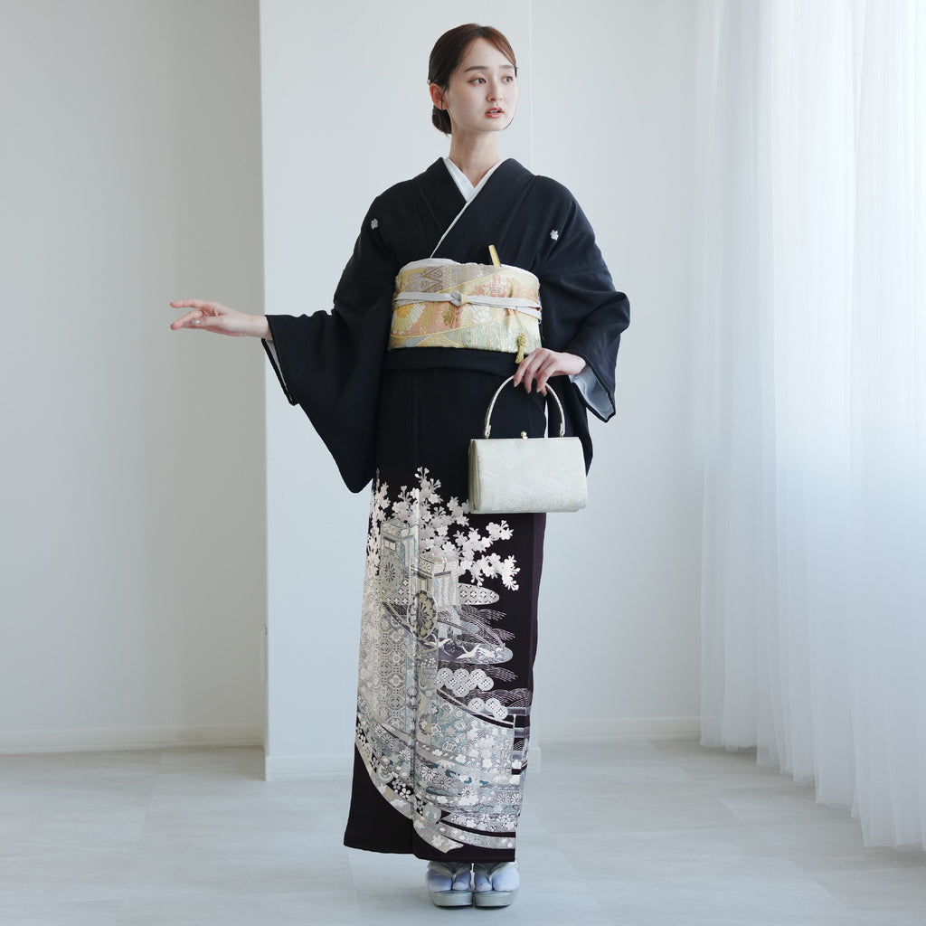 [留袖]黒留袖 未使用 しつけ付き 美品 正絹 比翼 友禅 金彩 結婚式 着物 レンタル】黒留袖 着物20点セット 桂由美 御所車と桜に波文様