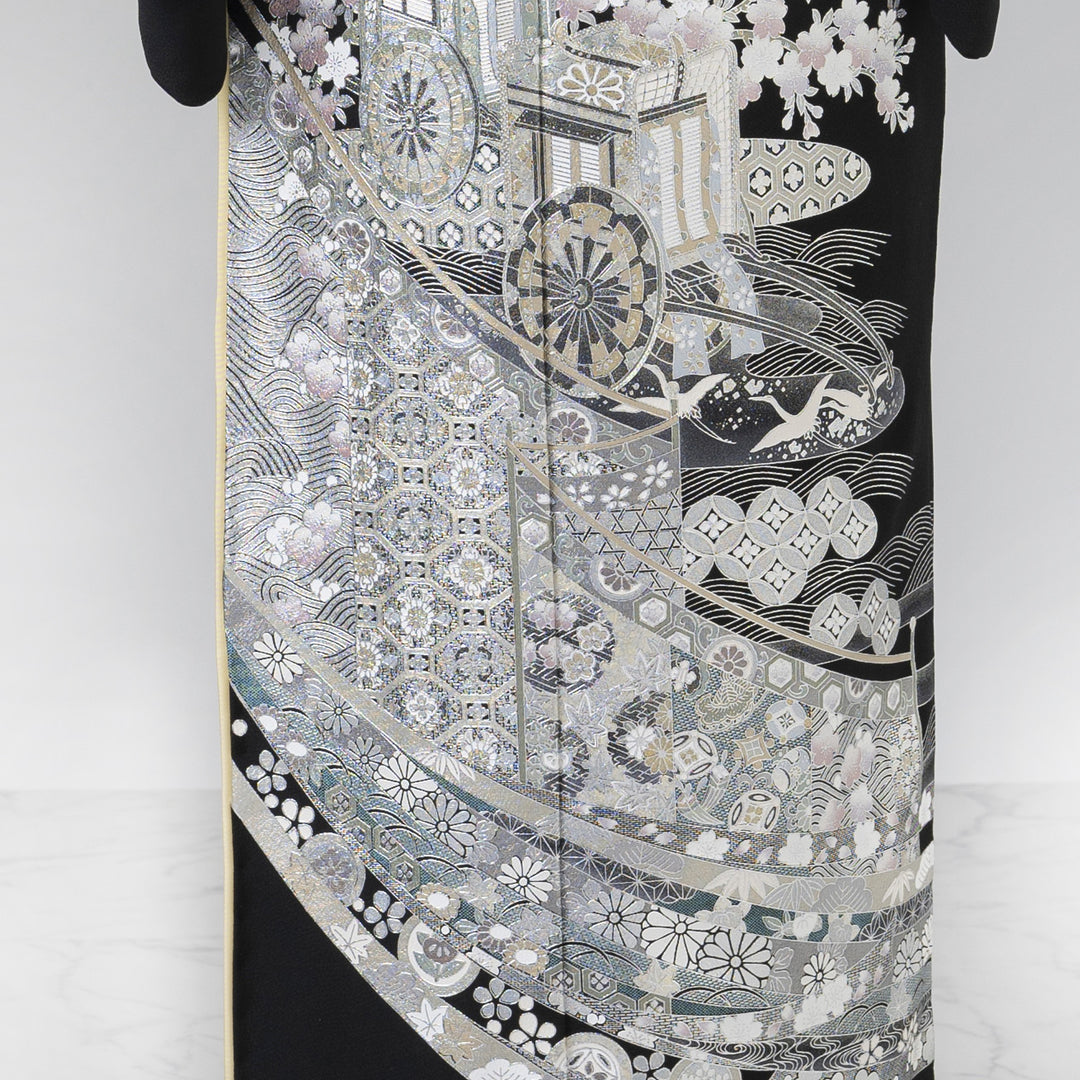 レンタル】黒留袖 着物20点セット 桂由美 御所車と桜に波文様