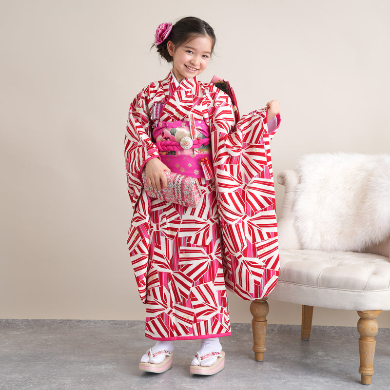 【レンタル】七五三 7歳 女の子 mezzo piano メゾピアノ 着物 日本製 作り帯 子供 kids 四つ身 お祝い着 往復送料無料  （1409604300）