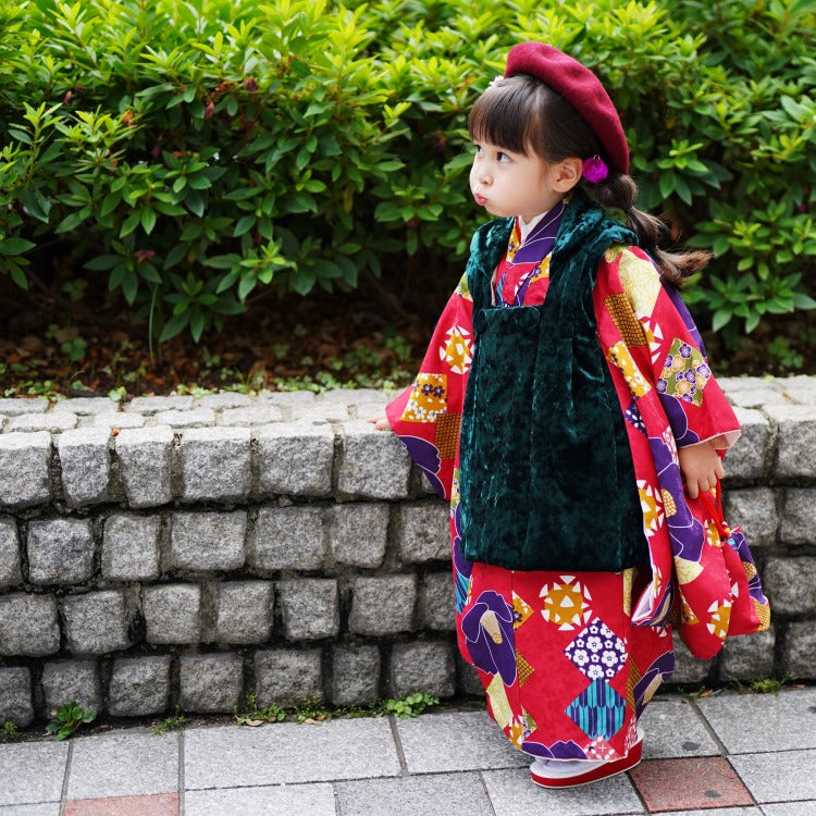 【レンタル】七五三 3歳 着物 ひよこ商店 女の子 被布セット 子供 kids 三つ身 お祝い着 往復送料無料 （1403603500）※2024年11月予約空き無し